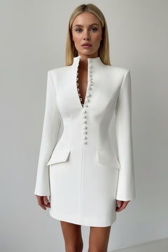 White button-down blazer dress with structured shoulders, long sleeves, and front button placket