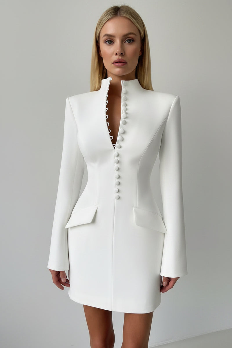 White button-down blazer dress with structured shoulders, long sleeves, and front button placket