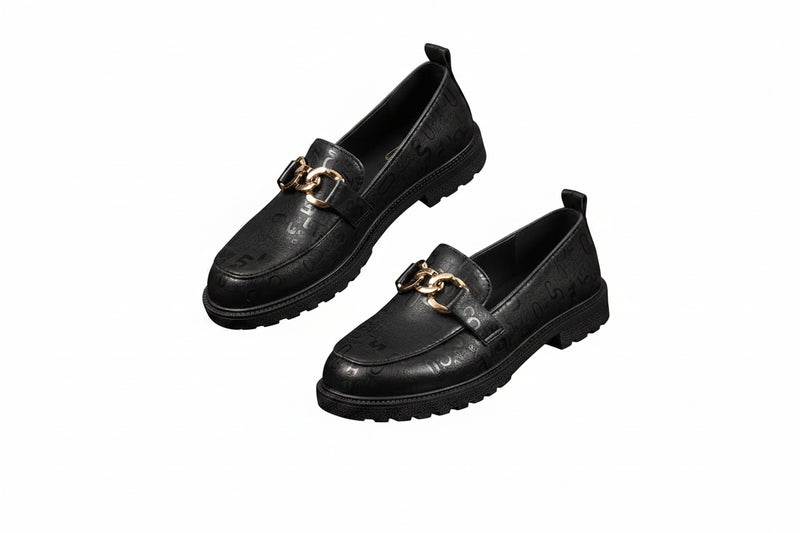 Black vegan leather loafers with gold-tone buckle detail and low block heel