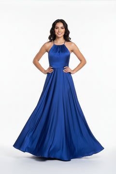 Blue halter neck maxi dress with draped bodice and gathered skirt