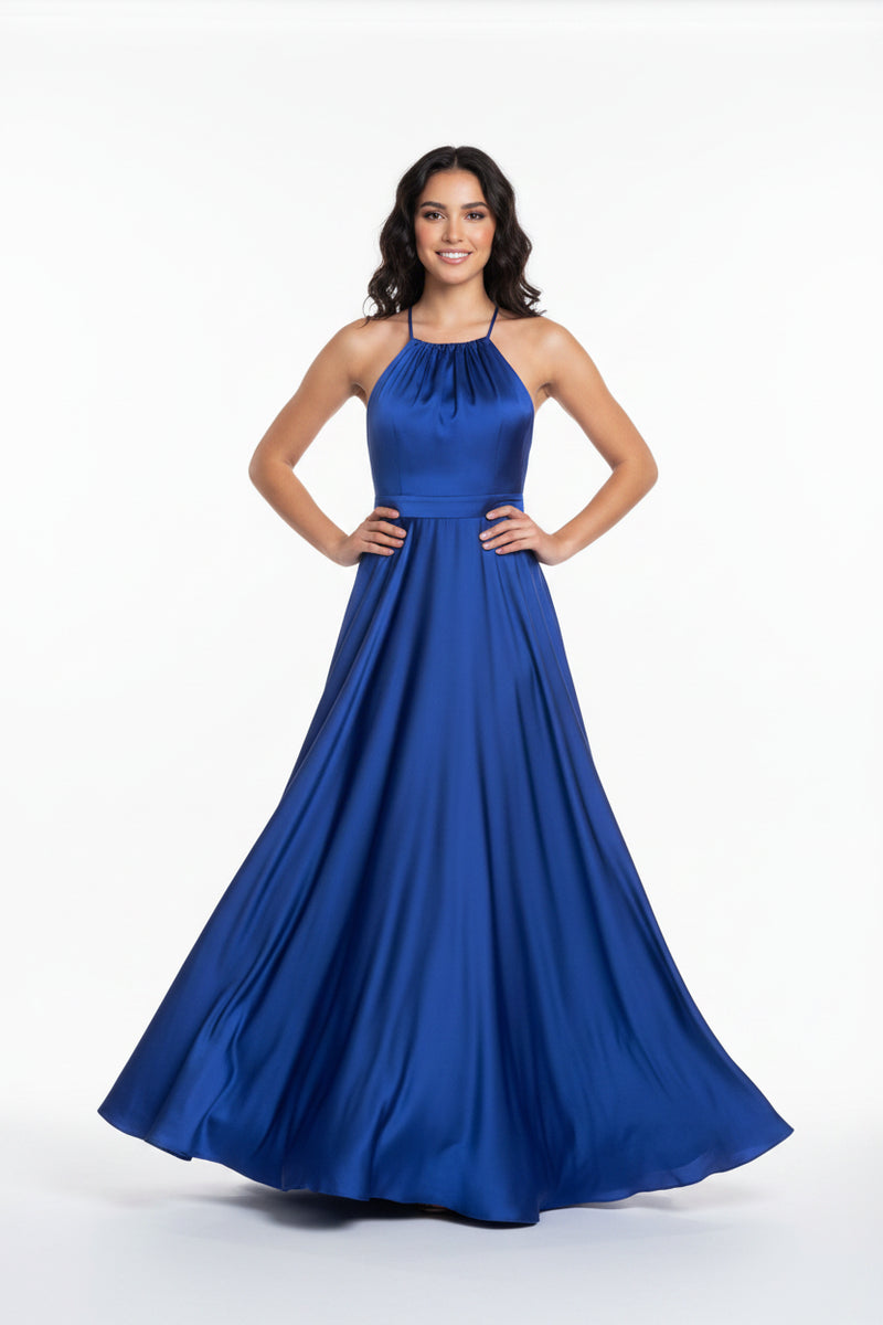 Blue halter neck maxi dress with draped bodice and gathered skirt