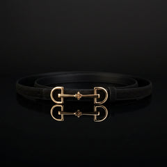 Leather double-bar belt in black with gold-tone double buckle