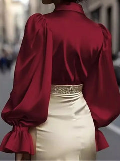 Wine red satin blouse with gathered flounce cuffs and back drape detail