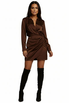 Brown satin collared long-sleeve mini dress with V neckline and draped wrap waist