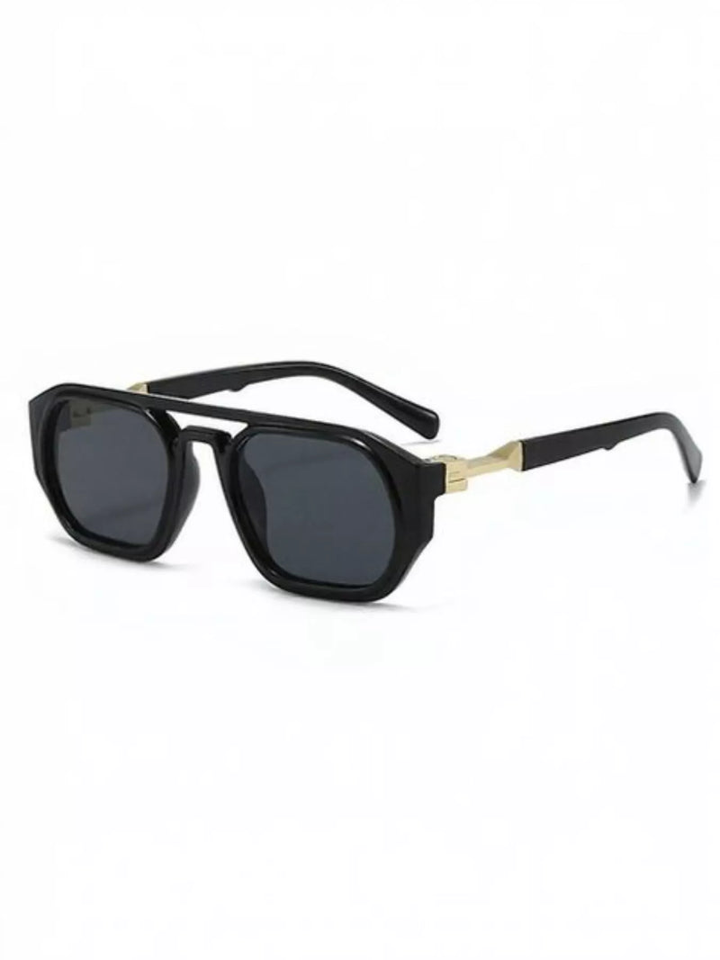 Retro octagon-frame sunglasses with black frames and dark gray lenses