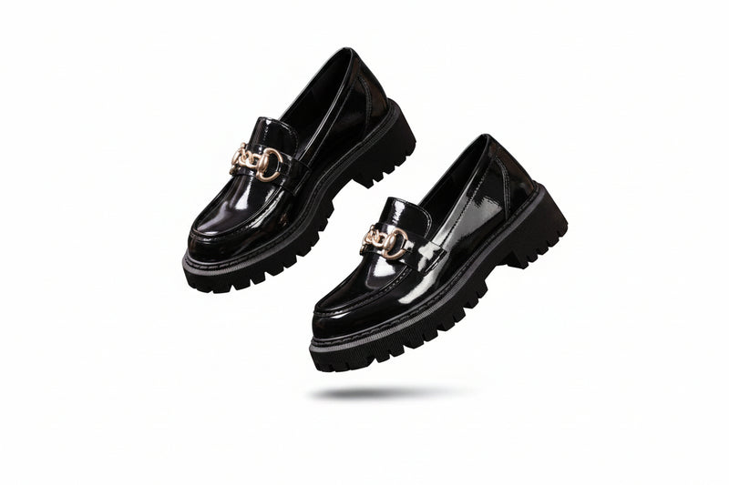 Black chain-decor round-toe loafers with gold-tone buckle detail and chunky sole