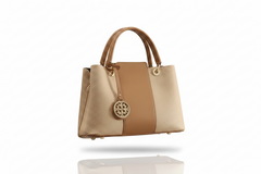 Two-tone khaki and tan leather top handle handbag with front medallion and metal feet