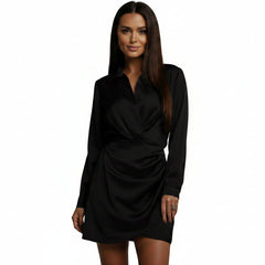 Black satin collared long-sleeve mini dress with draped wrap waist and V neckline