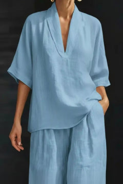 Sky blue half-sleeve V-neck top and wide-leg pants set with relaxed fit