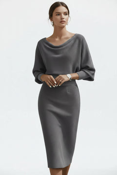 Gray cowl-neck bodycon midi dress with draped neckline and relaxed elbow-length sleeves