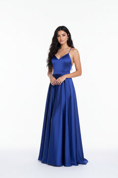 Blue halter neck maxi dress with ruched neckline and flared maxi hem
