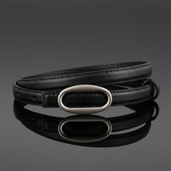 Black skinny leather belt, oval metal buckle with strap holes