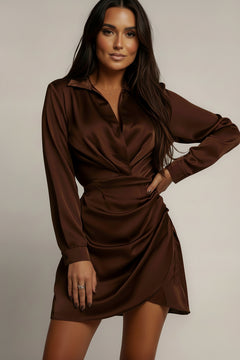 Brown satin collared long-sleeve mini dress with tie waist and ruched front detail