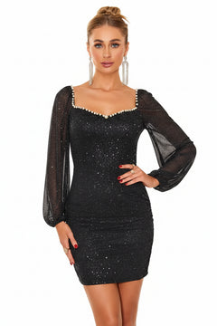 Black sequin mini dress with sweetheart neckline, pearl trim, and long sheer puff sleeves