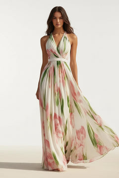 Floral print halter maxi dress in cream with pink and green, draped V-neck bodice