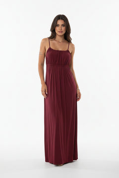 Burgundy maxi dress with spaghetti straps, ruched bodice, gathered waist