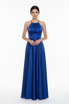 Blue halter neck maxi dress with sleeveless bodice and flared pleated skirt