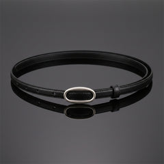 Black skinny leather belt with oval buckle and adjustable strap holes