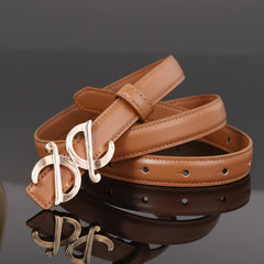 Caramel leather belt with ornate metallic buckle, stitched edges and punched holes