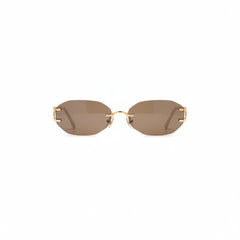 Oval rimless sunglasses with gold frame, brown tinted lenses.