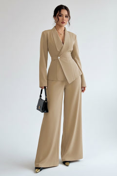 Khaki one-button blazer and wide-leg pants set with notched lapels.