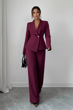 Burgundy blazer and pants set with one button, V-neck peplum jacket, flared trousers