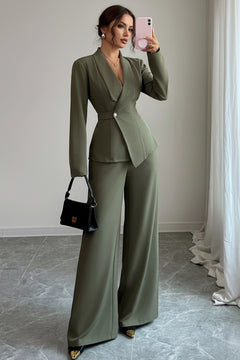 One-button blazer and wide-leg pants set in sage green, with notched V neckline and button.