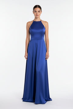 Deep blue halter neck maxi dress with fitted waist and wide flowing skirt