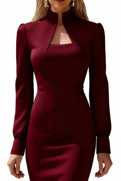 High-neck long-sleeve slit dress, burgundy, fitted sheath with front cutout