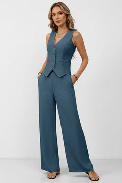Peacock blue V-neck button vest and wide-leg pants set with sleeveless fit