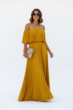 Ginger yellow off-shoulder pleated maxi dress with flutter sleeves