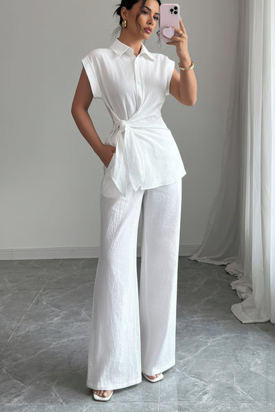 Off-white collared cap-sleeve top with front tie and wide-leg pants set