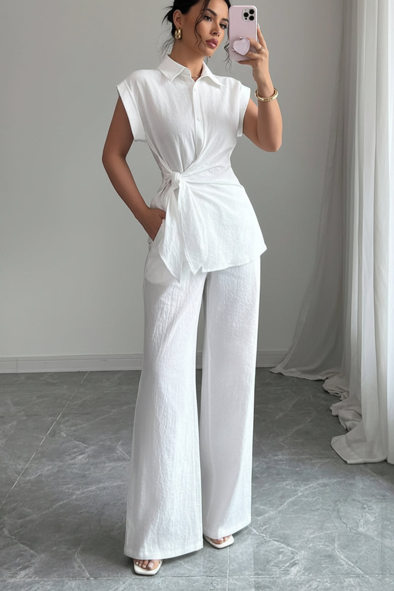 Off-white collared cap-sleeve top with front tie and wide-leg pants set