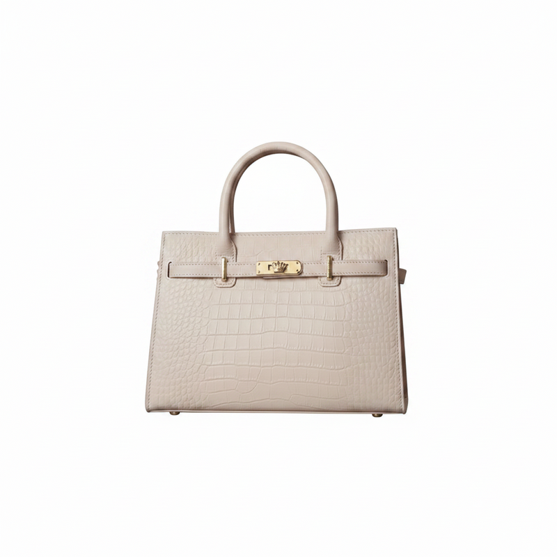 Rice white crocodile-embossed leather top handle handbag with gold clasp