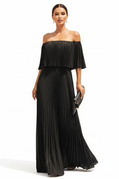 Black off-shoulder pleated maxi dress with flowing short sleeves