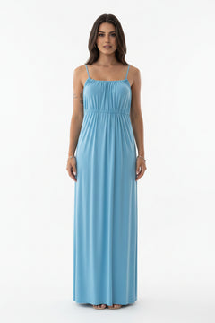 Blue maxi dress with spaghetti straps, ruched neckline, gathered elastic waist, flowing skirt
