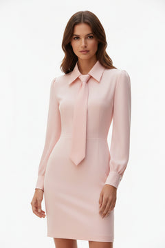 Blush pink tie-neck long-sleeve sheath dress with neck tie and fitted waist panels