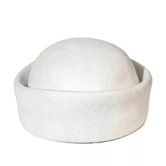 White wool pillbox hat with rounded crown and short curved brim