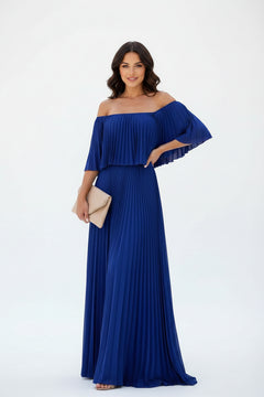 Sapphire blue off-shoulder pleated maxi dress with bell sleeves