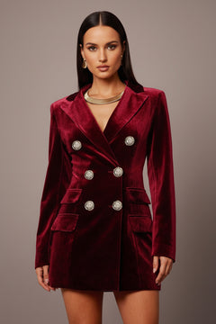 Wine red velvet double-breasted blazer dress with flap pockets and gold button closure