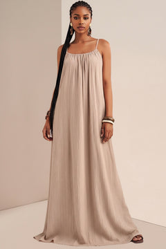 Khaki spaghetti-strap maxi dress with elastic neckline and long pleated skirt