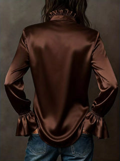 Brown satin button-up blouse back view with gathered flounce cuffs