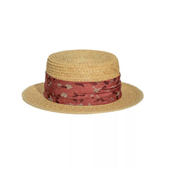 Straw boater hat with printed band, beige hat with dark red floral print band