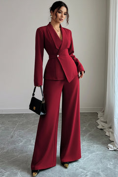 One-button blazer and wide-leg pants set in burgundy, with notched V neckline.