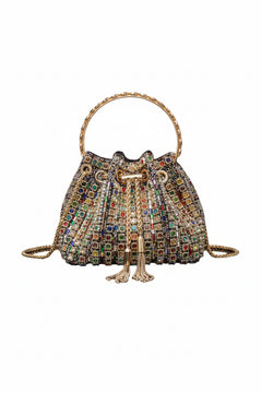 Multicolor rhinestone bucket crossbody bag with top handle and tassel drawstring closure.