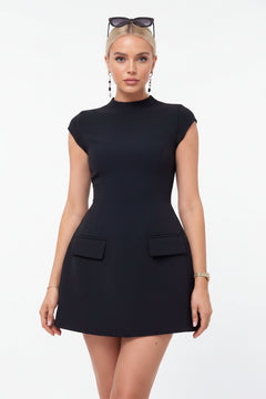 Mock neck A-line mini dress in dark navy/black with short sleeves and two front pockets