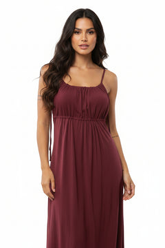 Burgundy spaghetti strap maxi dress with ruched bodice and elastic waist