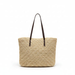 Woven straw tote bag, khaki woven straw with brown handles, open top.