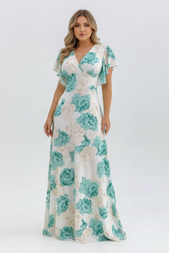Floral print maxi dress with V-neck and ruffle sleeves, teal and cream roses