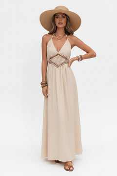 Backless halter neck maxi dress, light beige with crochet-trim bust